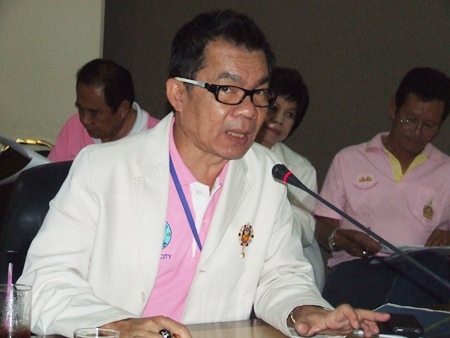 Pattaya Permanent Secretary Wuttipol Charoenphol discusses the upcoming Songkran festival at City Hall.